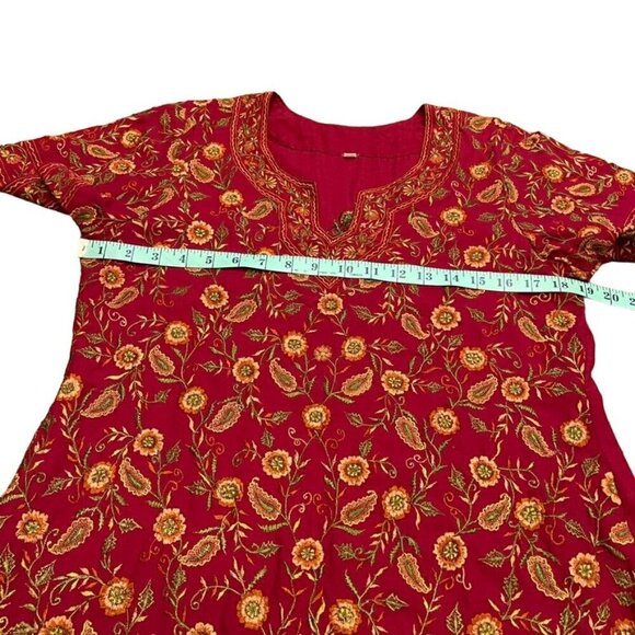 Indian Red Floral Embroidered Short Sleeve Kurta Dress and Pants 2 Piece Set - Picture 7 of 16